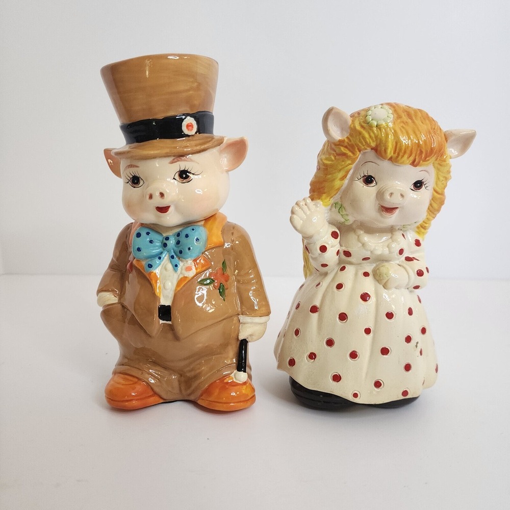 Vintage Ceramic Pig Couple Coin Bank Piggy‎ Bank Top Hat Dress Cute Adorable